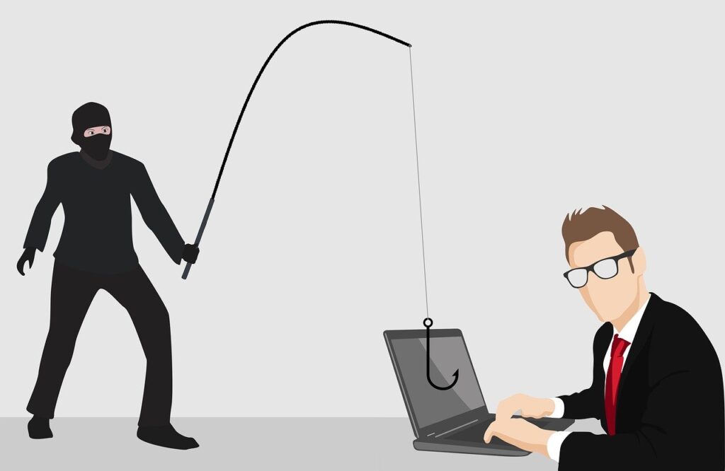 A picture showing a hacker performing a scam on an unsuspecting man. This is a reminder to be alert and to stay vigilant.